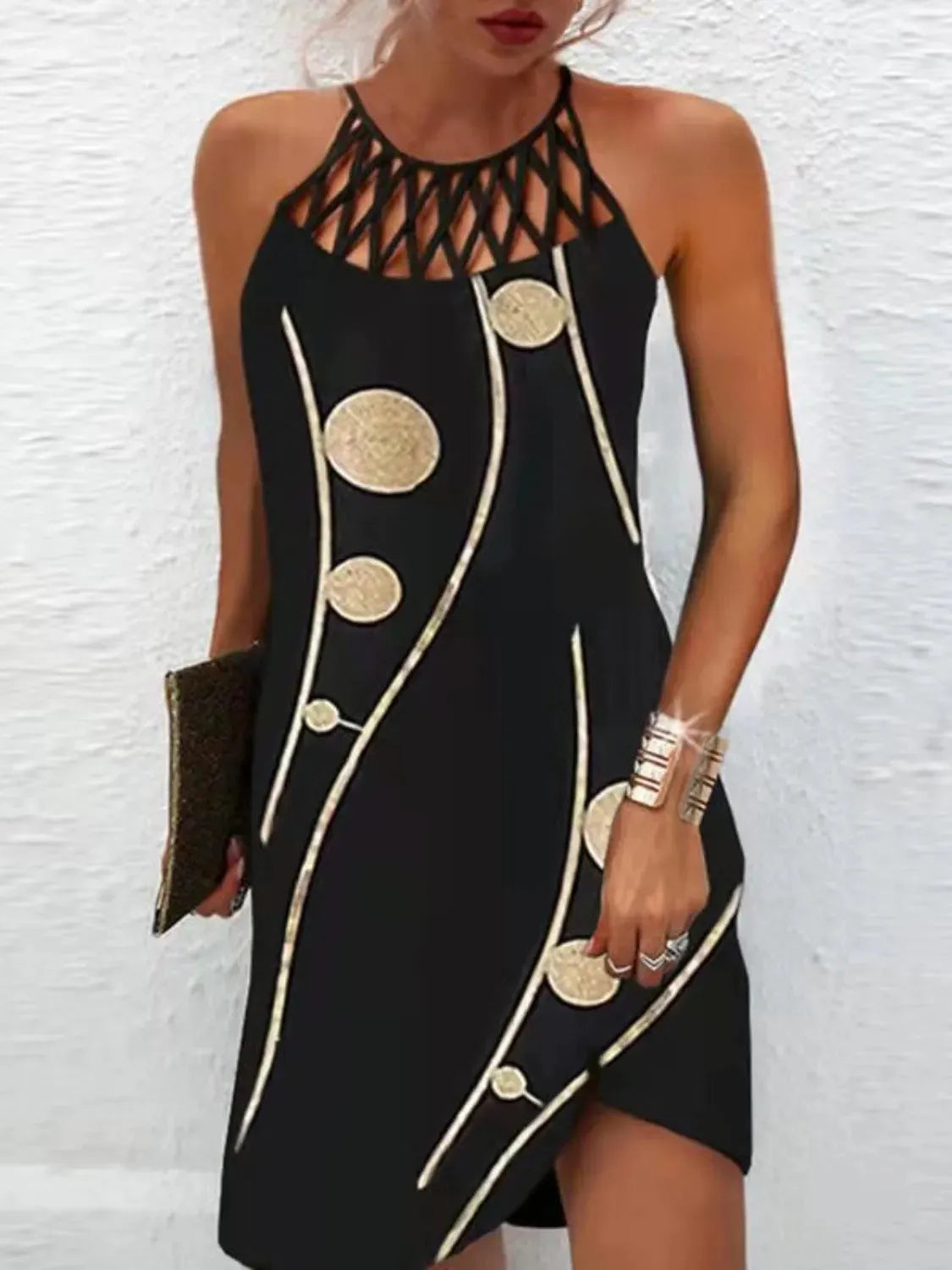 Printed Grecian Neck Mini Dress Black Cocktail Dresses - Tophatter Daily Deals